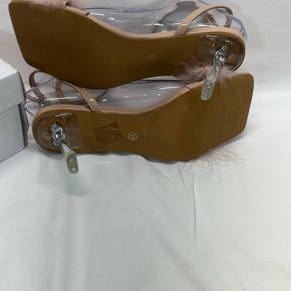 PINK FEATHERED HEELS WOMEN 7.5-8 39 PINK/BEIGE STRAPPY TRANSPARENT HEEL ELEGANT - Picture 8 of 14